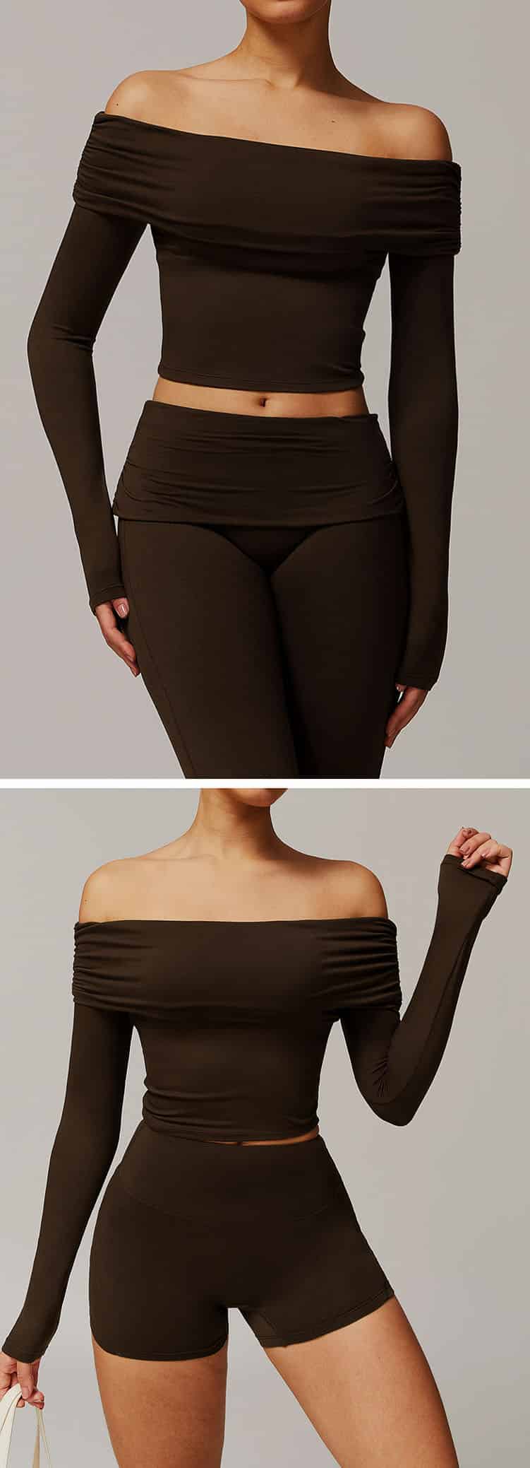 The one-shoulder, long-sleeved yoga wear has a simple design without too many complicated decorations